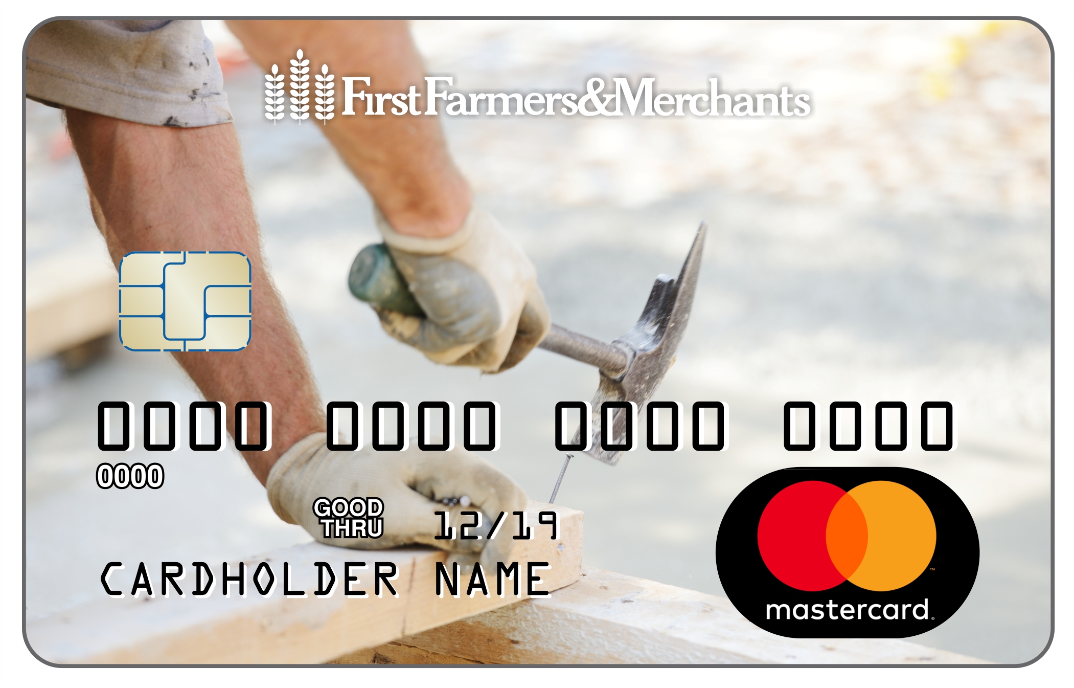 debit card with a photo of a man holding a hammer working on building a deck
